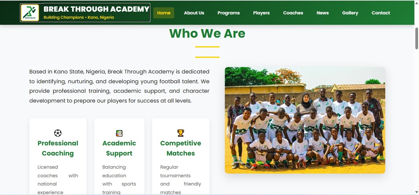 Mockup for Breakthrough Football Academy CMS Platform